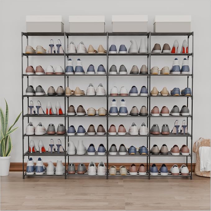 SMILHELTD Large Shoe Rack 4 Row 8 Tier for Entryway Holds 64 Pairs | Metal & Plastic Sneaker Shelves, DIY Assembly, Space Saving Storage Organizer for Garage Closet, 66.1"W x 49.2"H