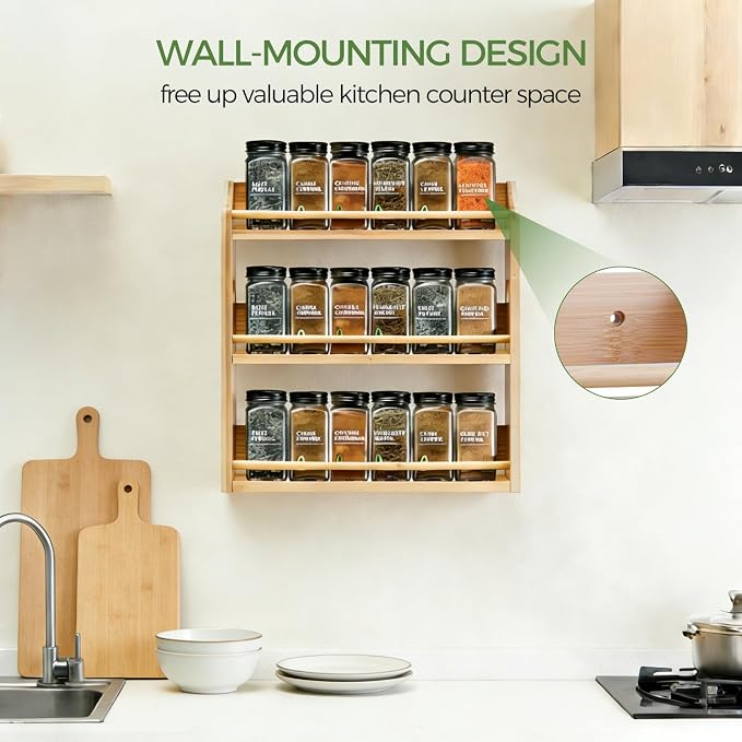 3 Tier Bamboo Spice Rack Organizer for Kitchen Countertop or Wall Mounting | Holds 48pcs 4oz Spice Jars, Handles for Easy Lifting, FSC-certified Bamboo