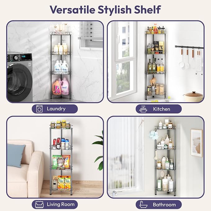 SWTYMIKI Standing Shower Caddy Corner - 4‑Tier Stainless Steel Shower Organizer Shelf with 12 Hooks and Adhesive Pads, Rustproof Corner Shelves Stand Rack for Bathroom Shower Room, Gray