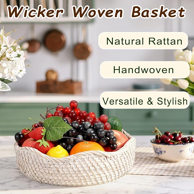 Hipiwe Rattan Key Basket for Entryway Table Handwoven Small Baskets Tray | Decorative Coffee Table Trays Wicker Storage Baskets Bowl Round Fruit Bread Serving Basket Tray, Whitewash