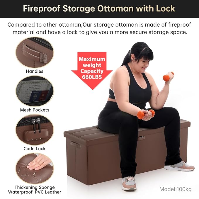 DocSafe Storage Ottoman Bench,Fireproof＆Waterproof Folding Bench with Lock(15”x 43”x15”),Leather Storage Chest with Handles＆2 Extra Boxes,Ottoman Safe for Bedroom,Living Room,Home Office,Brown