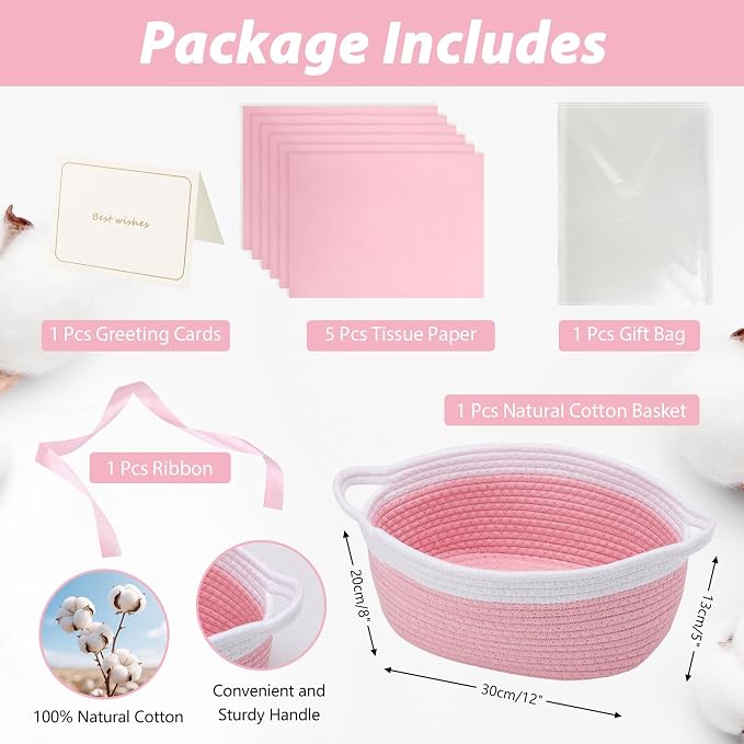 woric Baby Gifts Basket 12 x 8 x 5 in Woven Basket Rope Baskets | Soft Cotton for Wedding Gifts Empty Baby Shower Toy Storage Girls Birthday (Pink with Gift Bag Card Ribbon Tissue Paper)