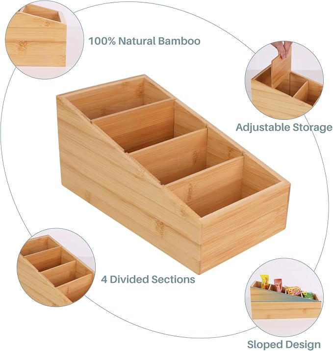 HTB 4-Section Snack Organizer with Removable Dividers for Kitchen 2 Pack | Bamboo Pantry Storage Organization for Spice Packets, Seasoning Pouches, Coffee Pods,Food,Drawer Countertop,Easy Access