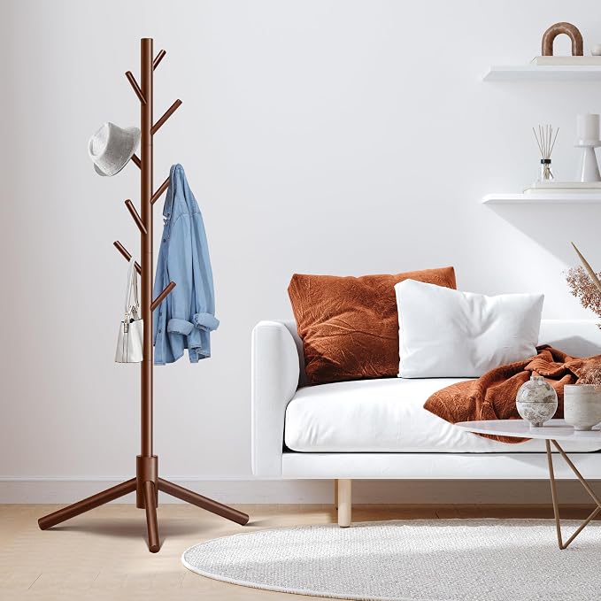 Unisakey 8-Hook Freestanding Wooden Coat Rack 3 Adjustable Heights Brown | Stable Triangular Base for Safety,Durable Construction,Simple Tool-Free Assembly,Ideal for Bedroom Hallway Office Entryway
