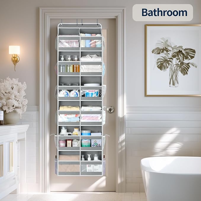 Yecaye 6-Tier Over The Door Organizer Dual-Column of 12 Compartments, College Dorm Essentials with Clear PVC Windows, Heavy Duty Door Organizer Hanging for Bedroom Bathroom Pantry Nursery, Grey 1 Pack