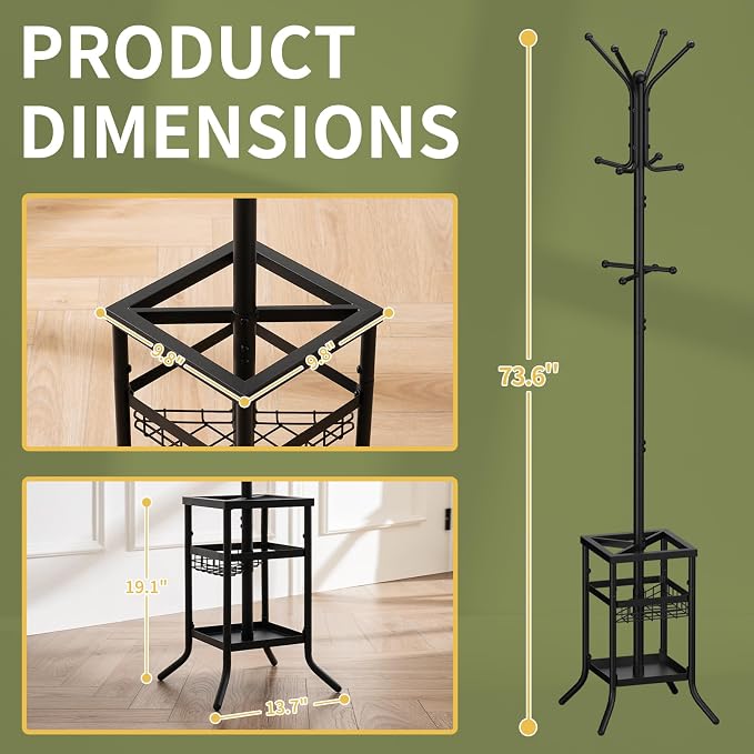 Yoobure Coat Rack Freestanding - Coat Tree with Umbrella Holder, Metal Coat Rack Stand with 12 Hooks, Modern Coat Hanger Stand for Entryway, Purse Rack Hat Rack Stand for Living Room Bedroom Office