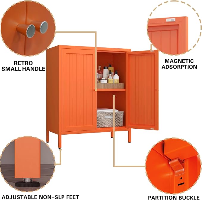 Metal Accent Storage Cabinet for Home,LivingRoom, Office,Kitchen- Metal Locker Cabinet with 1 Adjustable Shelves-Bathroom Floor Storage Cabinet Freestanding Organizer (Stripe Door, Orange)
