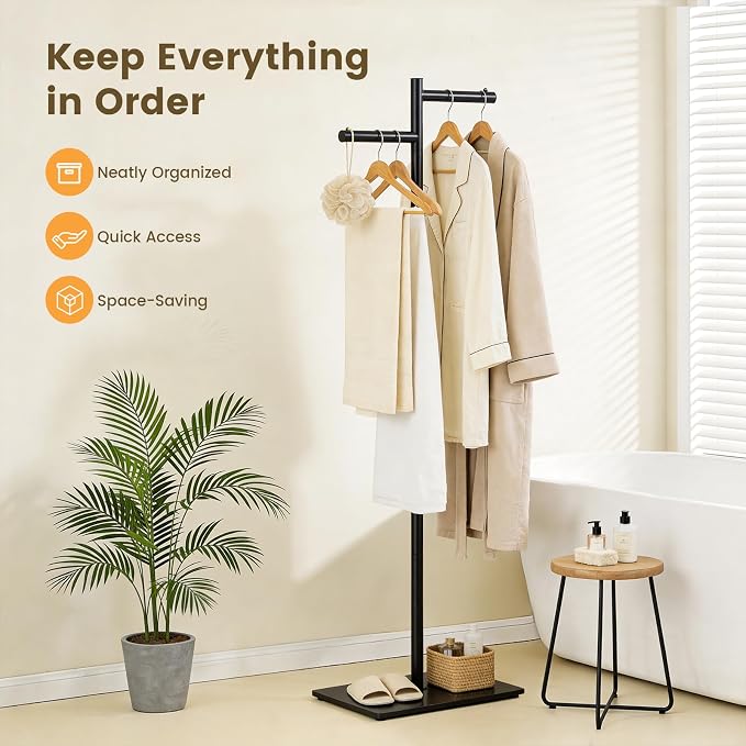 Metal Freestanding Coat Rack, 68.9"H Z-Shaped Coat Tree with Natural Rock Base, Modern Clothes Hanger Stand for Coats, Hats, Bags & Scarves, Ideal for Entryway, Bedroom, Office & Living Room