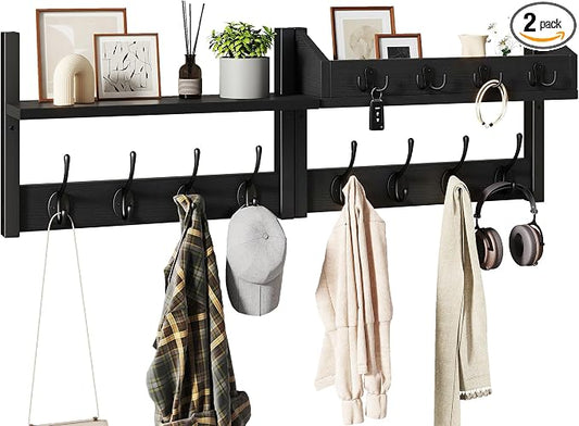 YMYNY 31.5" Coat and Key Rack Wall Mount with Shelf, Black, HWS007B-2 | 4-in-1 Coat and Key Hanger with 12 Metal Hooks, Entryway Wall Shelf with Hooks & Mail Holder for Living Room, Bedroom