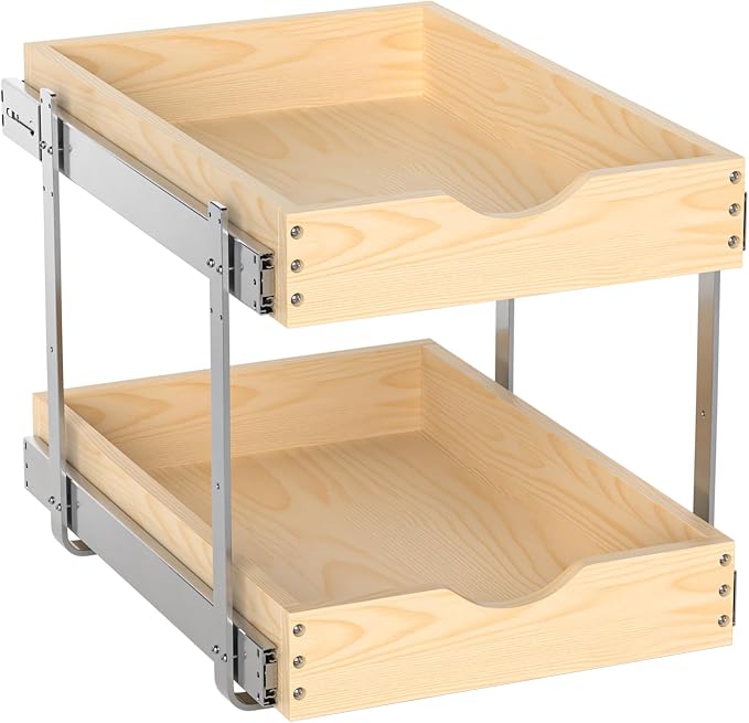 21" Deep 2-Tier Pull Out Cabinet Organizer - Wood Pull Out Drawers | Slide Out Shelves, Full-Extension, Ball-Bearing Slides, 3 Adjustable Heights (2-Tier, 14''W X 21''D Overall)