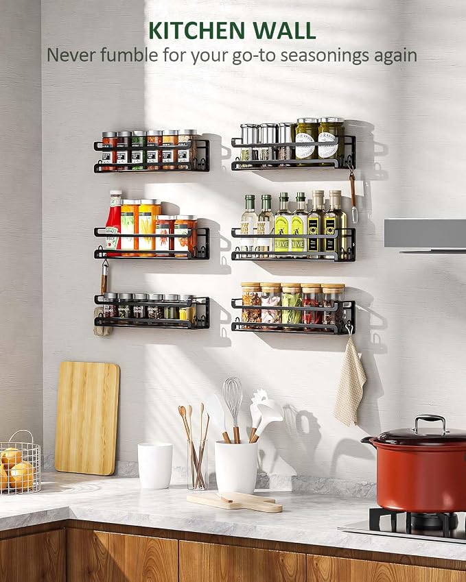 Doakhirmit Wall Mount Spice Rack, Black,4 Pack | 16 Hooks,Screw or Adhesive Installation , Hanging Organizer for Stove Cabinet Pantry Door Kitchen and RV Use