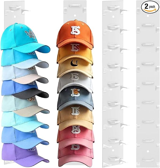 2 Pack Hat Organizer For Baseball Caps, White Hat Rack for Wall | Thick ABS Plastic, Hold up to 18 Hats, Adhesive Or Screw, Extended Spaced, Keep Cap Shape, For Doors, Closets, Bedrooms