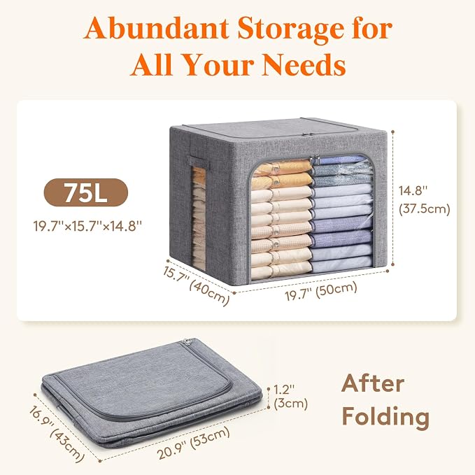 Lifewit Clothes Storage Bins with Metal Frame, Stackable Storage Box, Foldable Clothing Storage Bins with Lids, 75L Storage Bags Fabric Box Organizer with Clear Window＆ Zippers＆ Sturdy Handles 4 Pack