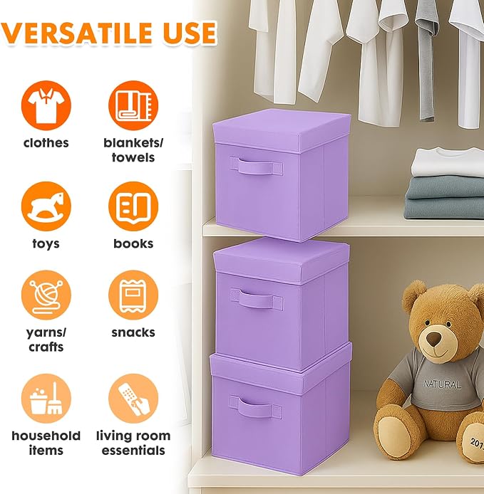 ShellKingdom Storage Bins, Foldable Fabric Storage Cube with Lid for Closet | Clothes Storage Organizer Drawer For Closet Toys Storage, 10.5 X 10.5 X 11 INCH, 2 Pack (Lavender)