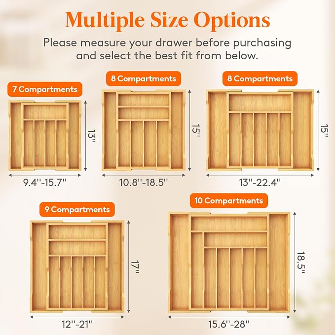Lifewit Silverware Drawer Organizer, Wooden Utensil Tray for Kitchen | Expandable Flatware and Cutlery Holder, Adjustable Storage for Spoons Forks Knives, 13-22x15", Natural and Black