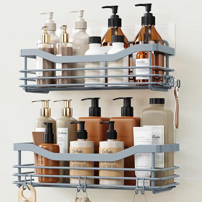 Orimade Shower Caddy Basket Shelf Storage Rack, No Drilling Wall Mounted Adhesive Rust Resistant Stainless Steel Shower Organizer with 5 Hooks for Bathroom, Light Blue Grey 2 Pack