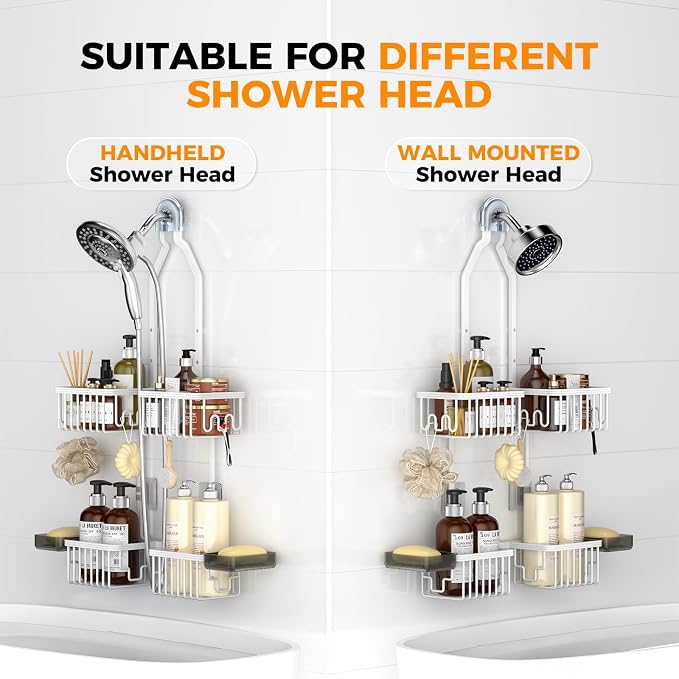 Adjustable Aluminum Shower Caddy Hanging for Handheld Showerhead, White | Rustproof Aluminum, Shower Organizer, Anti-Slip, Quick-Drain Shelf, 40lbs Capacity, Suction Cups, 8 Hooks, Razor Soap Holders