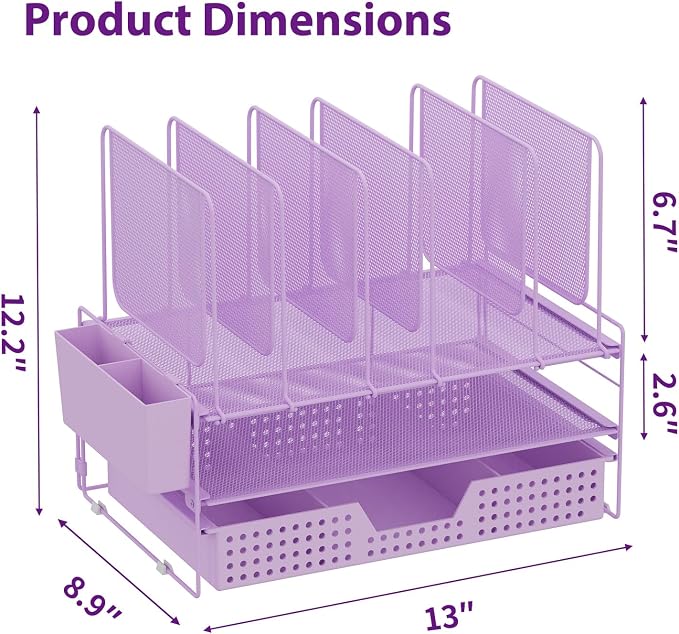 LEKETREE Desk Organizer, Office Organization with Vertical File Holder, File Organizer with Drawer and Pen Holder, Desk Accessories and Workspace Organizers for Home Office (Purple)