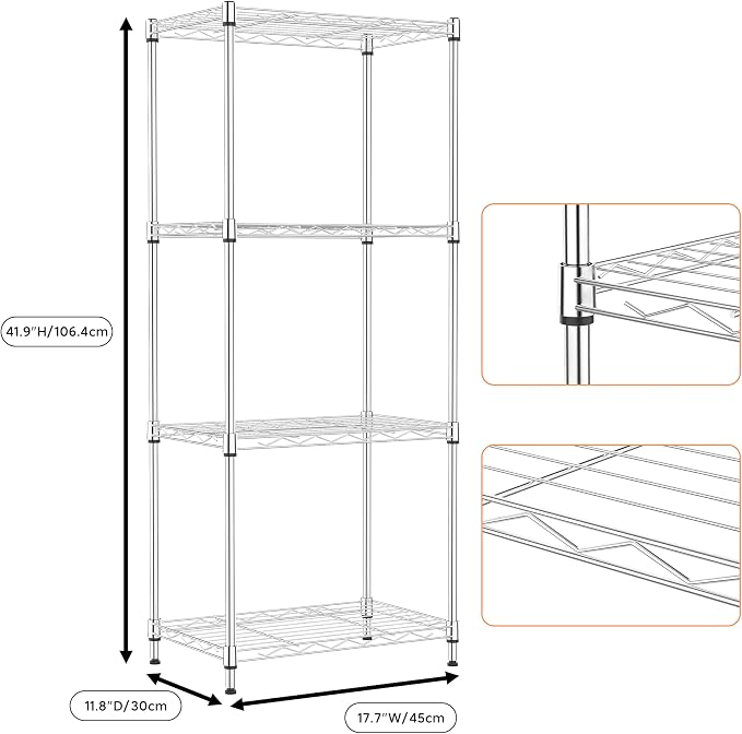 M MZG 4 Tiers Shelf Metal Storage Shelves Wire Rack Closet Organizers with Wheel for Garage Kitchen Bathroom Laundry Chrome 11.8" D x 17.7" W x 41.9" H