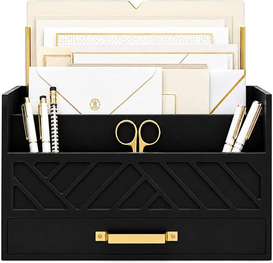 BLU MONACO | Wooden Mail Organizer with Drawer and Gold Handle | Mail Sorter Organizer Countertop for Desk | Outgoing Mail Holder and Letter Sorter for Desk Storage