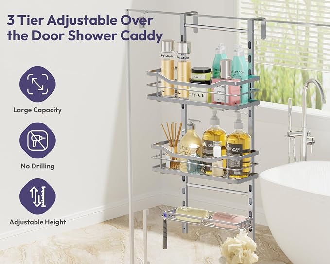 SWTYMIKI Over the Door Shower Caddy - 3 Tier Adjustable Shower Organizer Hanging with Soap Holder, No Drilling Stainless Steel Bathroom Rack Hanging for Body Wash, Shampoo, Soap, Razor, Silver