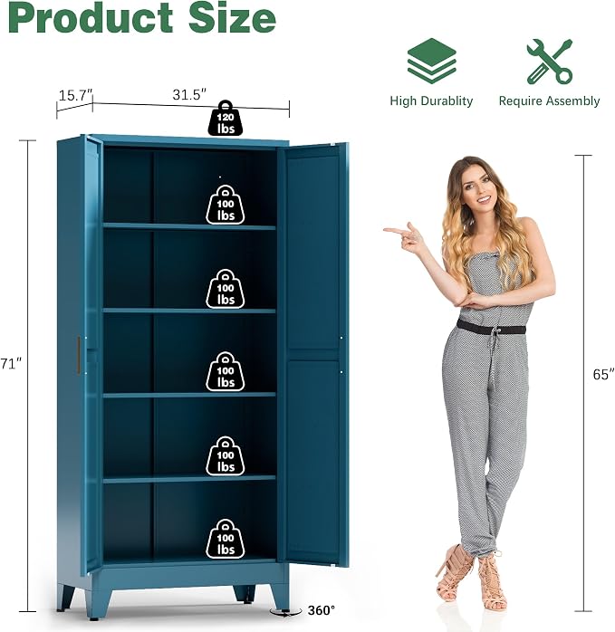 Bevivog 71" Tall Storage Cabinets Farmhouse Freestanding Tall Bookshelf with 2 Doors and 4 Adjustable Shelves, Blue Metal Pantry Cabinet for Kitchen Living Room, Home Office, Laundry, Bathroom
