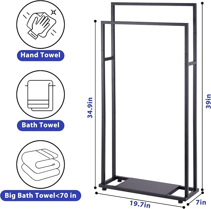 39'' Tall Towel Racks for Bathroom, 2 Tier Towel Rack Stand with Storage Shelves, Free Standing Drying Rack for Outdoor, Black, ALHAKIN
