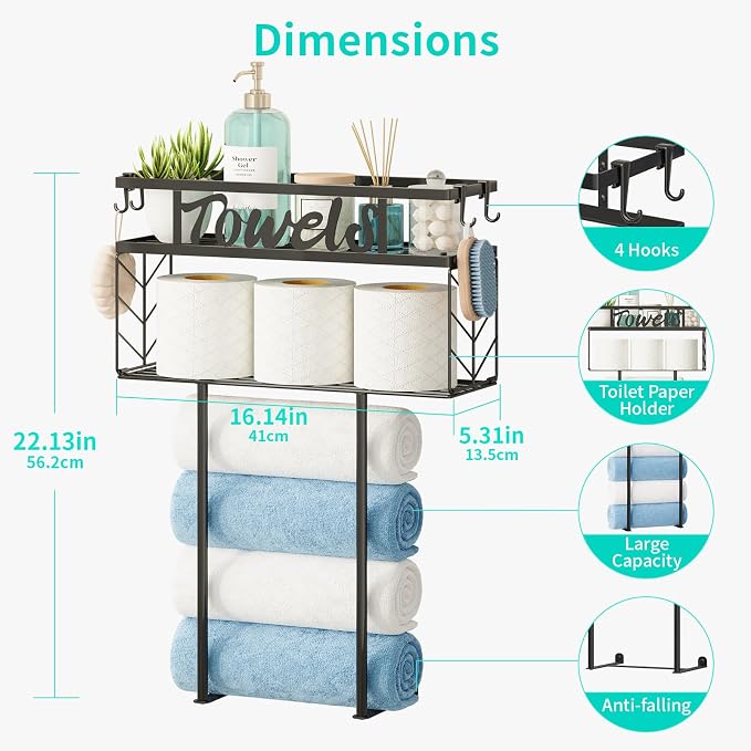 HapiRm Wall Towel Rack for Bathroom, Paper Towel Holder for Above Toilet | Metal Rolled Towel Storage with 4 Hooks Space-Saver Towel Shelf Organizer For Bathtub, Vanity, Small Bathroom, RV, Camper