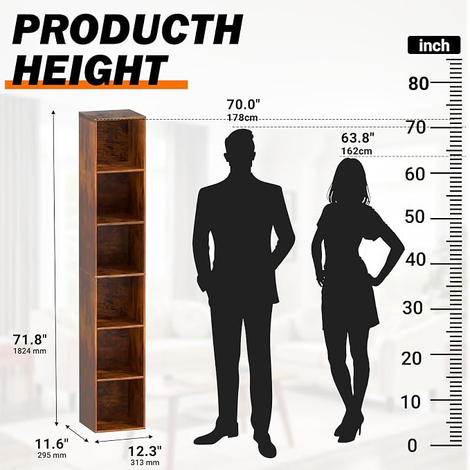 Cube Storage Organizer, 6 Cube Retro Bookshelf, Freestanding 6 Tier Open Shelf, Rustic Brown Retro Shelves for Home Office, Bedroom, Living Room, Study
