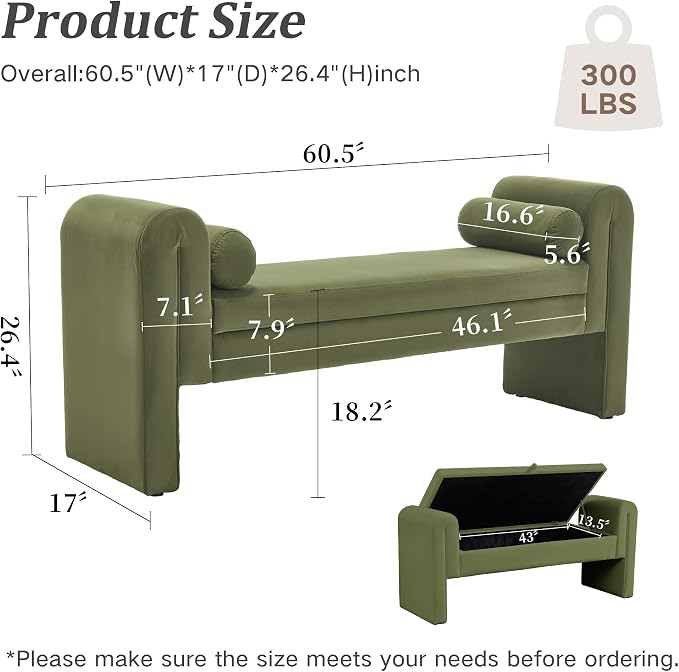 Modern Velvet Bench for Bedroom End of Bed, 60.5" Upholstered Rolled Armed Button Tufted Stool Bench with Storage, Sofa Ottoman Long Bench with 2 Pillows for Entryway/Bedroom, Green