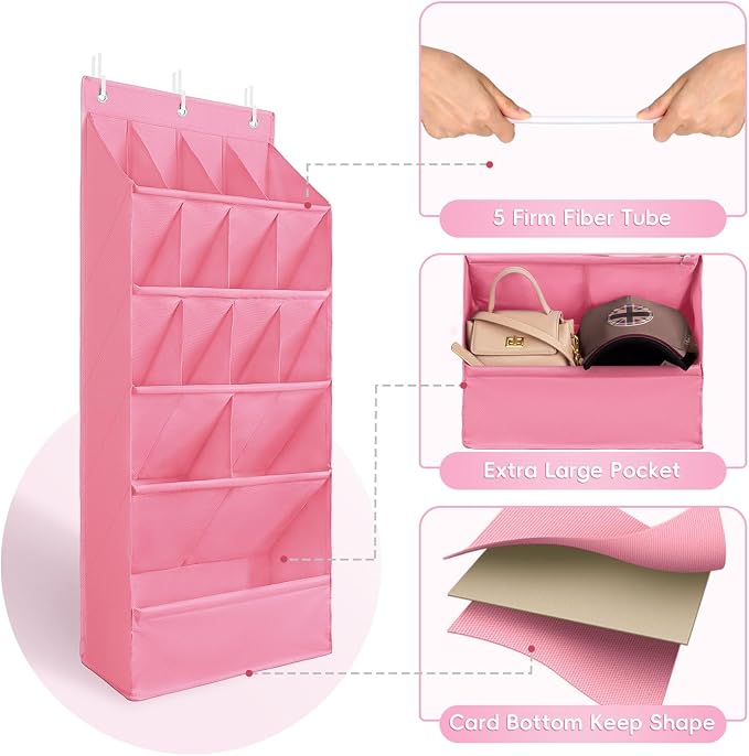 FENTEC 1 Pack Over-the-Door-Shoe-Organizers, Hanging Shoe Organizers with Large Pocket Shoe Holder Hanging Shoe Rack for Closet Shoes Organizer for Wall, Over Door Organizer with 15 Pockets Pink