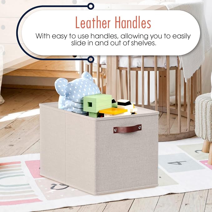 Ornavo Home 13x15x13 Foldable Fabric Storage Cube Bins, 6 Pack, Beige | Collapsible Linen Shelf Basket Organizer; Leather Handles; Fits Cube Storage Shelving Units