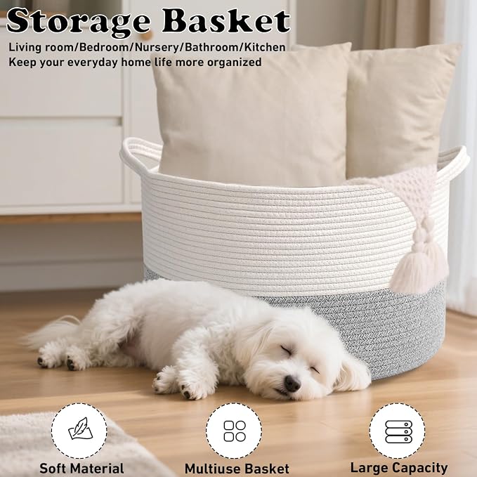 90L Extra Large Blanket Basket,Woven Rope Laundry Basket-White&Grey | Collapsible, reinforced handles, nursery storage bin organizes clothes, toys and pillows for living room, bedroom bathroom