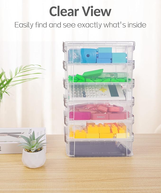 Sooez 6 Pack Small Plastic Containers with Lids, 6.4" x 4.4" x 2.7" | Clear Crayon Box Pencil Case, Stackable Stroage Organizer for Beads Craft Art Supplies, Storage Bins for Jewelry Stickers