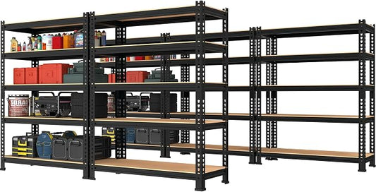 PrimeZone 5-Tier Garage Storage Shelves, Adjustable Metal Shelving, Black | Heavy-Duty Metal Frame & Connectors, FSC MDF Boards, Space-Saving Storage for Garage, Pantry, Closet, 28"W x 12"D x 59"H 5PCS