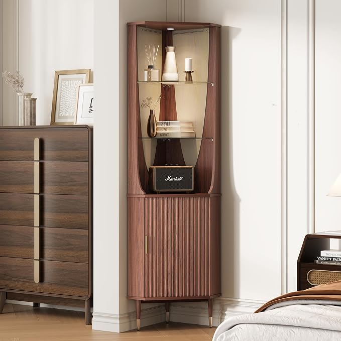 JOINICE Tall Corner Bar Cabinet for Liquor,Mid-Century Modern,Walnut,70" | Fluted Door,Glass Shelves,Wine Cabinet with Led for Living Room, Kitchen,Dining Room,Easy Assembly,for Small Apartment