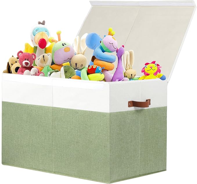Large Toy Storage Box with Lid, Toy Chest Bin Boxes Basket with Dividers | Sturdy Toy Organizer Bin for Kids, Boys, Girls, Nursery, Living Room, Bedroom, Playroom 26"x17" x17" (Green and White)