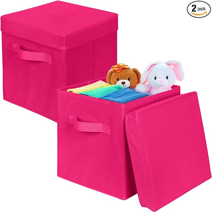 ShellKingdom Storage Bins, Foldable Fabric Storage Cube with Lid for Closet | Clothes Storage Organizer Drawer For Closet Toys Storage, 10.5 X 10.5 X 11 INCH, 2 Pack (Fuchsia)