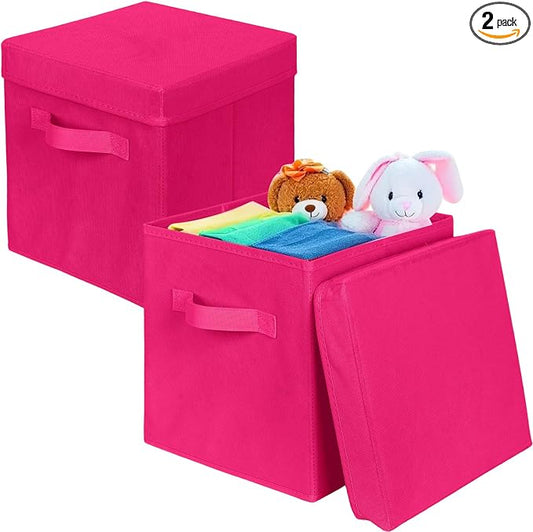 ShellKingdom Storage Bins, Foldable Fabric Storage Cube with Lid for Closet | Clothes Storage Organizer Drawer For Closet Toys Storage, 10.5 X 10.5 X 11 INCH, 2 Pack (Fuchsia)