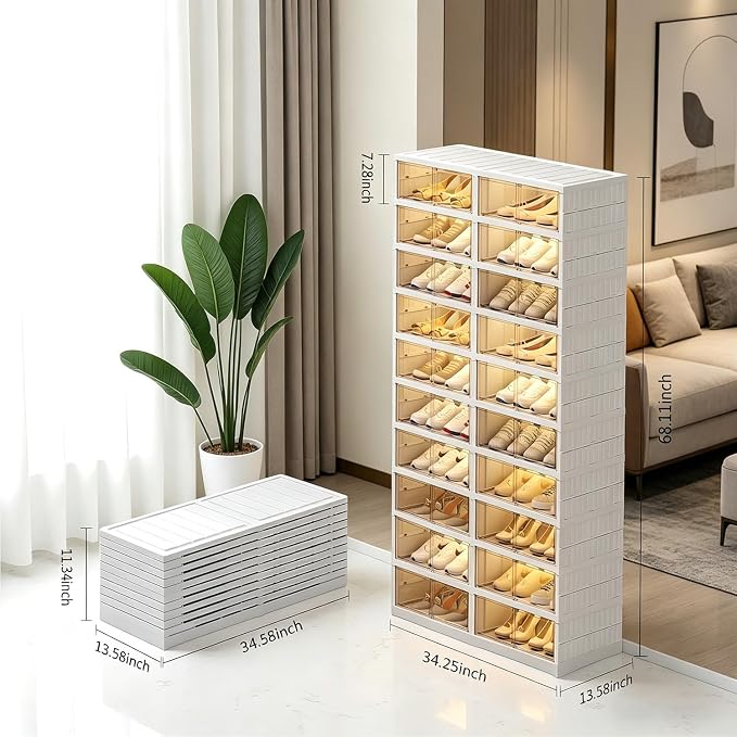 Shoe Rack Storage Cabinet Organizer 10 Tiers 40 Pairs Shoes Box Foldable Stackable Closet Shelf, Entryway, Living Room Large Container with Magnetic Clear Door, Dustproof for Sneakers & Boots