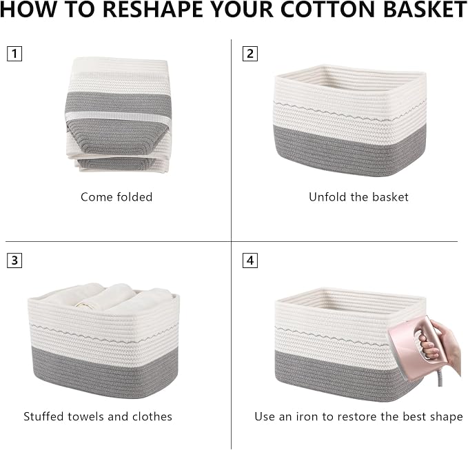 OIASKET 4 Pack Storage Baskets for Organizing, 13"X9"X7.87", Decorative Cotton Rope Baskets for Shelves, Small Woven Basket for Toys, Books and Towels, Grey & White