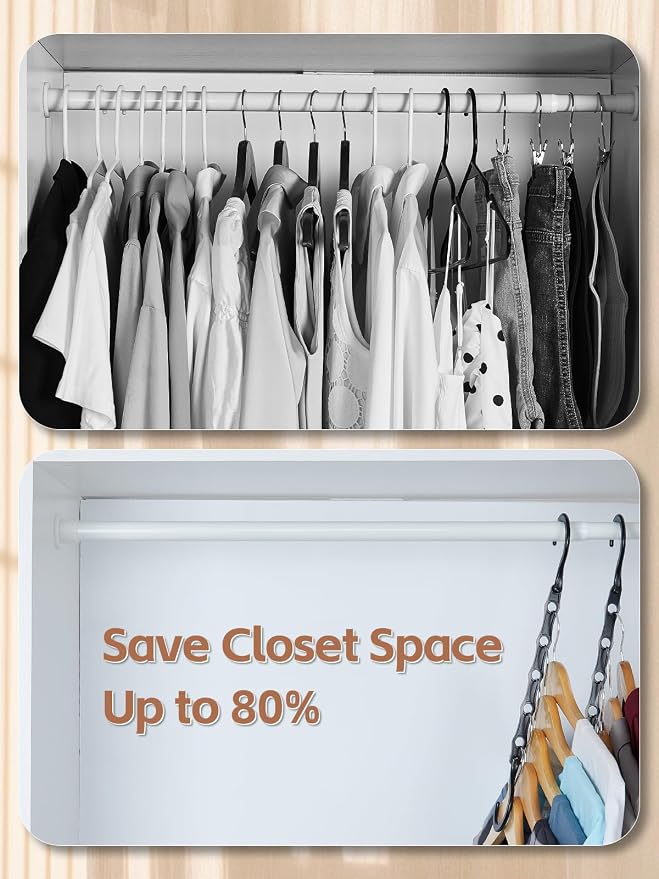 HOUSE DAY Space Saving Hangers, 8 Pack, Dorm Room Essentials for Girls | Space Saver Hanger Reinforced Hooks Swivels 360°, Cascading Hanger With 5 Holes, Sturdy Closet Organizers and Storage - Black