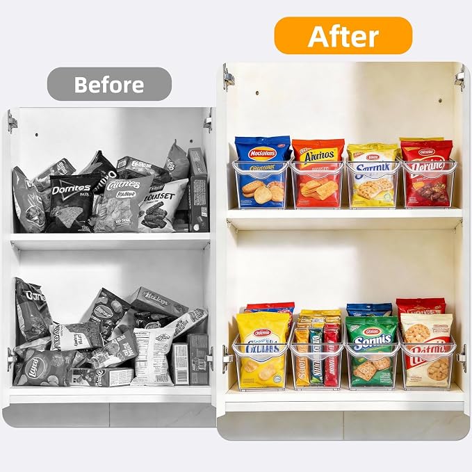 4 Pack Slim Fridge Organizer Bins, BPA Free Clear Refrigerator Storage Containers, Clear Pantry Organization & Cabinet Bins with Handles, Narrow Freezer Bin for Kitchen, Mini Fridge