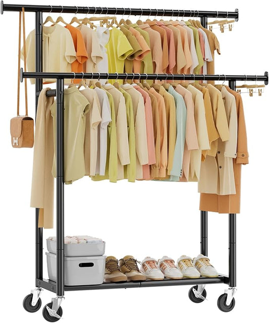Simple Trending Clothes Rack, Double Rods Clothing Rack with Shelf, Black | Metal Garment Rack, Portable Wardrobe Closet, 360° Lockable Wheels, Multifunctional Use, Bedroom, Laundry Room