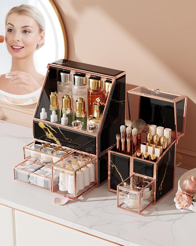 CoralHouse Glass Makeup Organizer with Brush Holder for Vanity | Black Skincare Organizer for Vanity, Stackable, Large Capacity, for Makeup Lipstick Perfumes Brush Skincare
