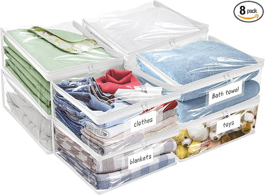 Kikerike Plastic Storage Bags with Easy-Glide Zipper, Pack of 8, Durable Clear Vinyl Zippered Storage Bags for Clothes Sweaters Comforters Blankets Sheets Bedding (21.6 x 13.7 x 12.4 Inch, White)