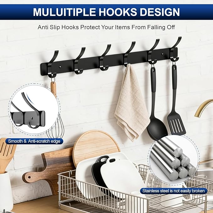 Wall Mounted Coat Rack, 6 Hooks for Hanging Clothes, Black, 2-Pack | Heavy duty rustproof hanger rail for backpacks hats towels, wall hook storage organizer for entryway bathroom mudroom purse