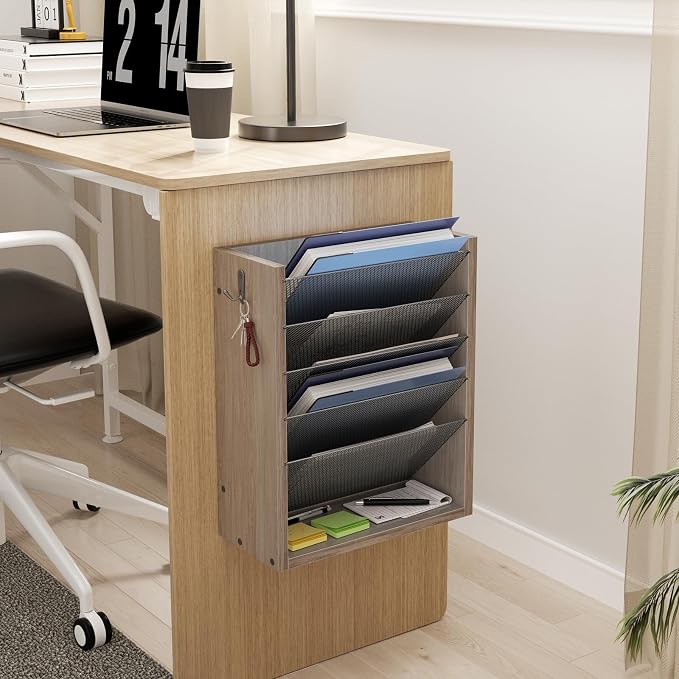 Mail Organizer Wall Mounted, 6-Slot Hanging File Organizer with Key Holder | Mail Sorter, Wood Letter Holder for Envelopes Bills Magazine Folders Papers Accessories for Home Office, Greige