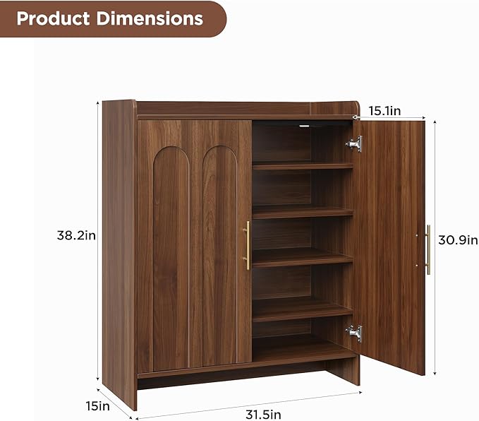 Maupvit 38.39" Tall Modern Shoe Cabinet, Entryway Storage Cabinet with Arched Doors & Gold Handles, Wood Shoe Organizer with Shelves, Freestanding Shoe Rack for Hallway, Living Room, Walnut