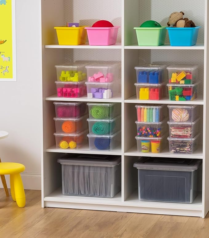 IRIS USA 12-Pack Storage Bins with Lids, 6 Quart - Crystal Clear, Shoe Boxes Stackable Containers Organize Shoes Closet Shelves, Teacher Tools Classroom Organization, Game - BPA-Free Plastic